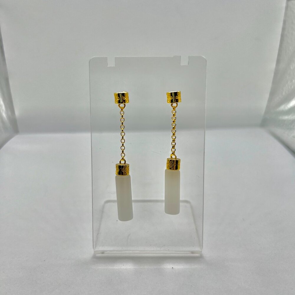 White Jade Chain Drop Gold Stud Earrings - Picture 3 of 3